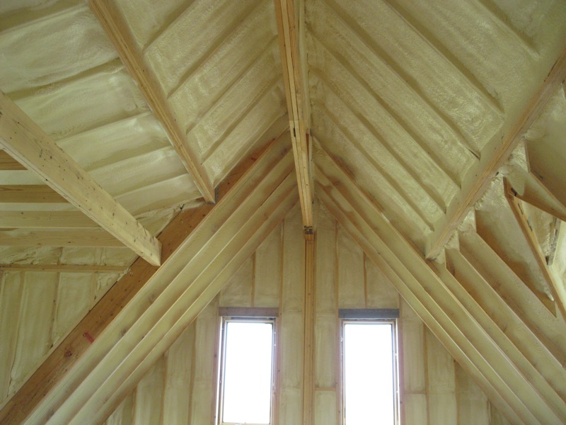 Ceiling insulated with closed cell spray foam.