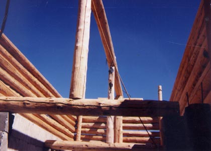 Ridgepole supported on log floor joist.