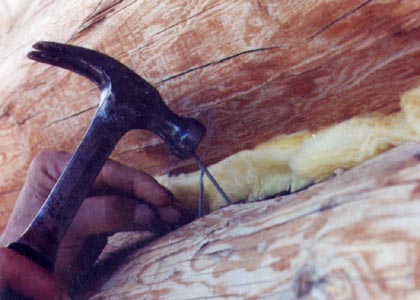 Fiberglass insulation between logs and nails for chinking.