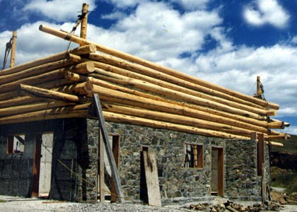 Cap log extending past wall to support roof.