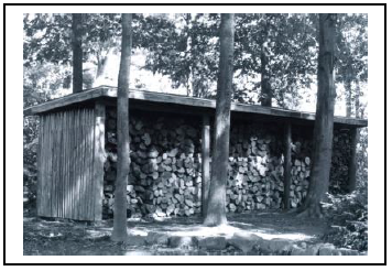 We built a woodshed from salvaged materials.